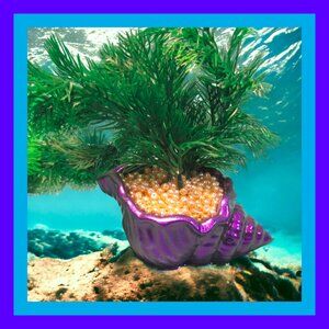 Aquarium Decoration - Purple Shell with Green Artificial Plant and Pearls.